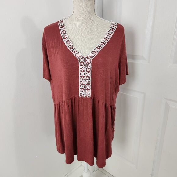 Amaryllis Top Womens 1X Brown Babydoll Boho Embroidered Rayon Stretch Flowy - Picture 1 of 14
